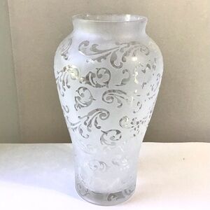 Large Vase Clear Frosted Etched Glass 12” Tall Heavy Thick Glass Scroll Pattern